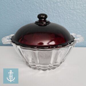 ANCHOR HOCKING ~ “Old Café” Covered Candy Dish ~ Clear & Ruby Red